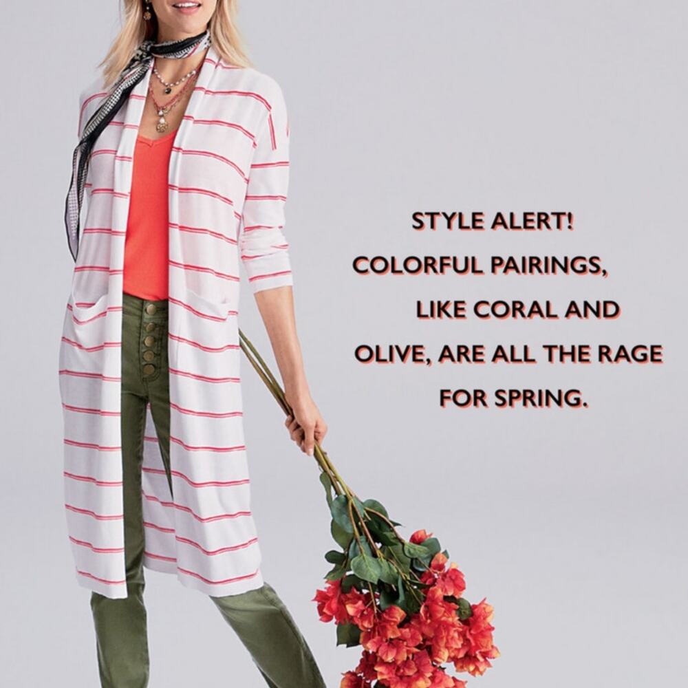 Cabi 5826 Stroll Cardigan White Orange Stripe Long Sleeve Open Duster Sweater